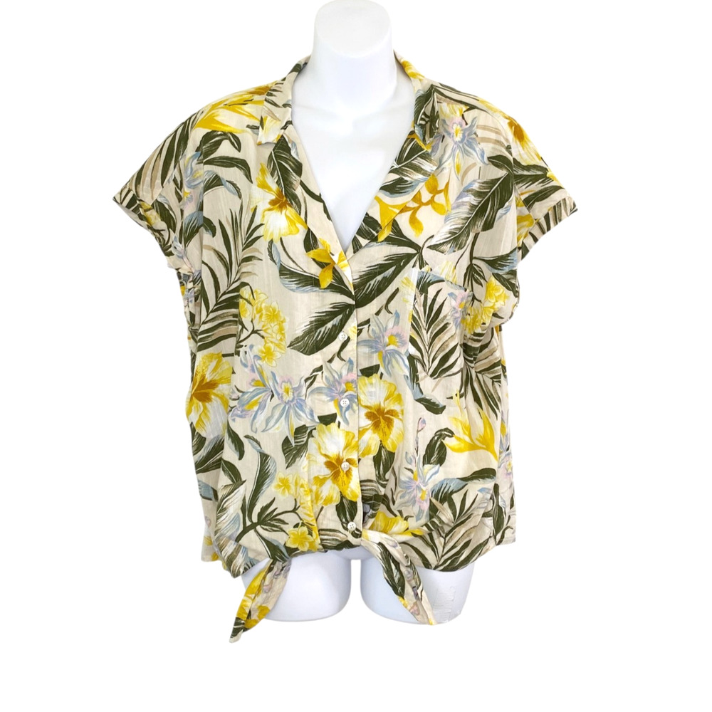 Old Navy Womens Large Cotton Blend Yellow Hibiscus Palm Button Tie-Front Coastal